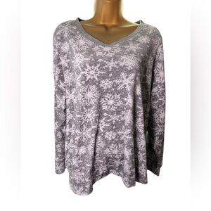 Natural Reflections V-Neck Pullover Snowflake Print Fleece Top Gray XXL
